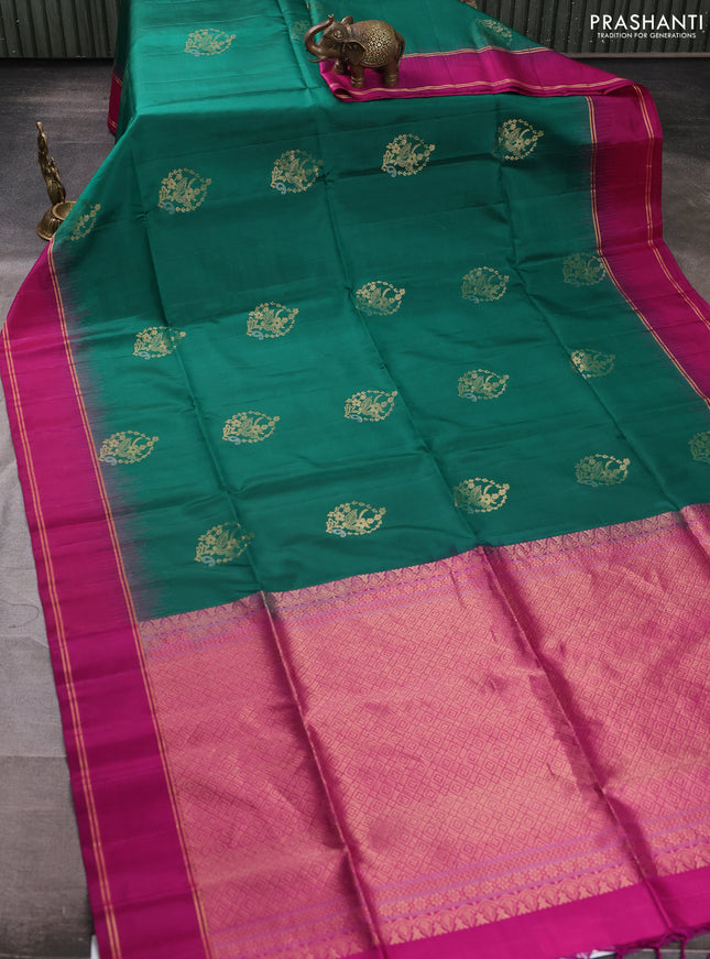Pure soft silk saree green and magenta pink with zari woven buttas and rettapet zari woven border