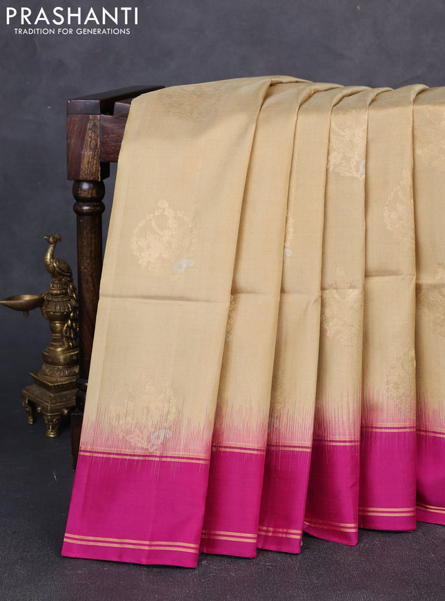 Pure soft silk saree beige and magenta pink with zari woven buttas and rettapet zari woven border