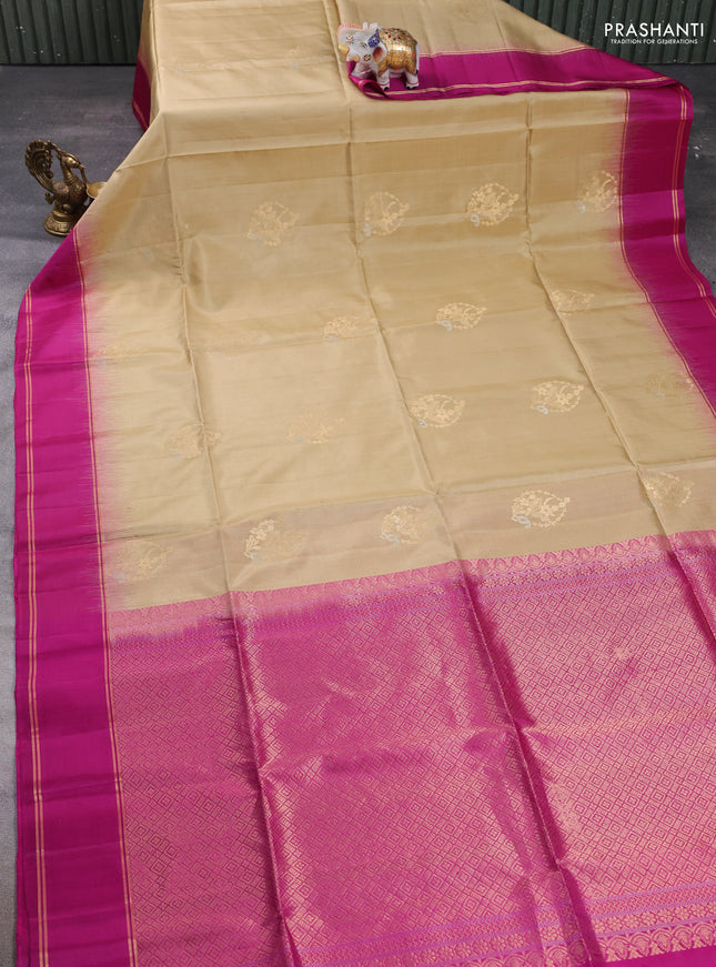 Pure soft silk saree beige and magenta pink with zari woven buttas and rettapet zari woven border