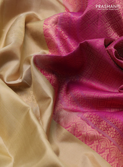 Pure soft silk saree beige and magenta pink with zari woven buttas and rettapet zari woven border