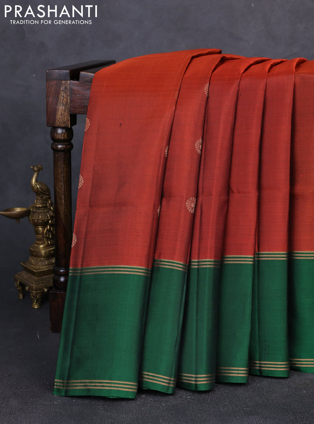 Pure soft silk saree rustic orange and green with zari woven buttas and rettapet zari woven border