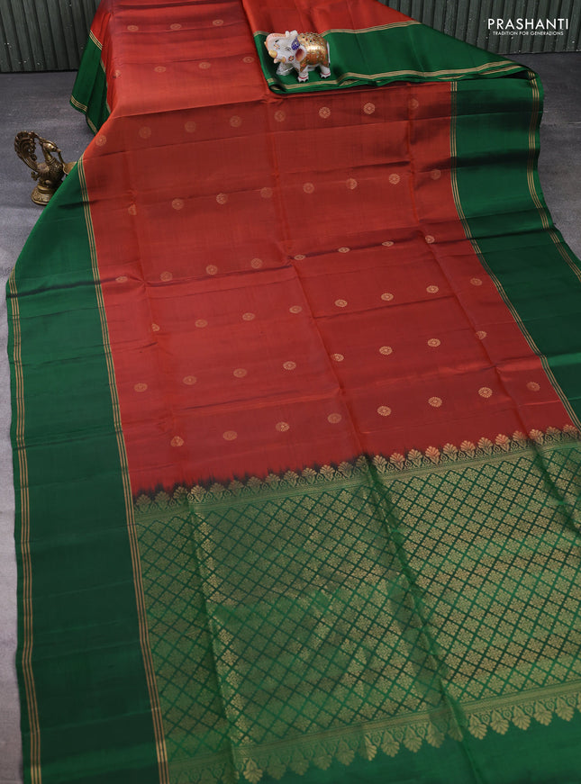 Pure soft silk saree rustic orange and green with zari woven buttas and rettapet zari woven border