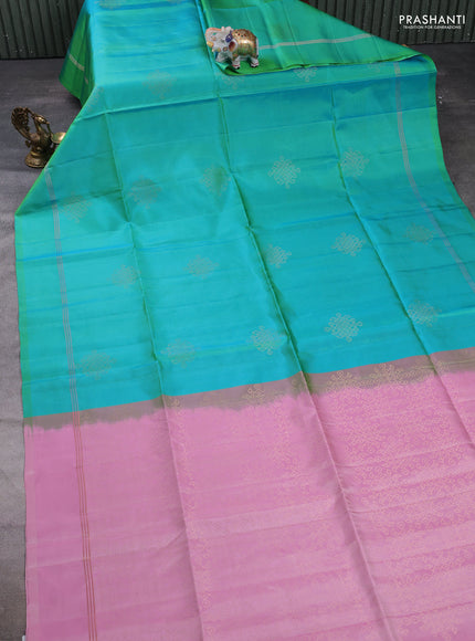Pure soft silk saree teal blue and pastel pink with zari woven buttas and zari woven simple border