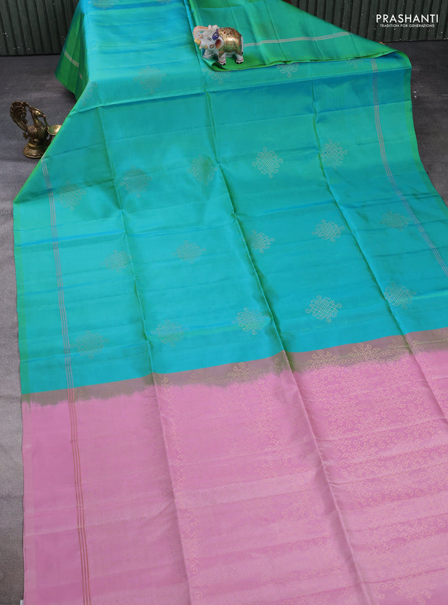 Pure soft silk saree teal blue and pastel pink with zari woven buttas and zari woven simple border