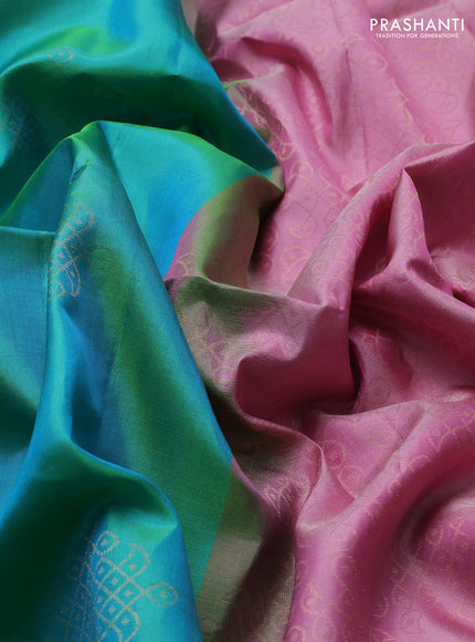 Pure soft silk saree teal blue and pastel pink with zari woven buttas and zari woven simple border