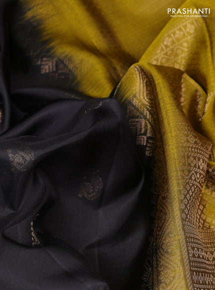 Pure soft silk saree black and mustard green with zari woven buttas and rettapet zari woven border