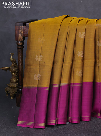 Pure soft silk saree dark mustard and magenta pink with allover annam zari woven buttas and rettapet zari woven border