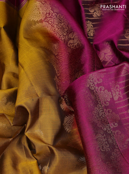 Pure soft silk saree dark mustard and magenta pink with allover annam zari woven buttas and rettapet zari woven border