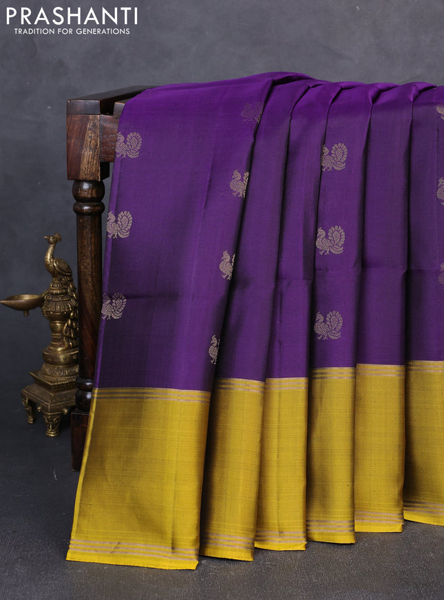 Pure soft silk saree violet and mustard green with allover annam zari woven buttas and rettapet zari woven border