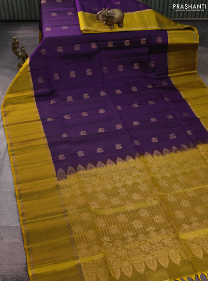 Pure soft silk saree violet and mustard green with allover annam zari woven buttas and rettapet zari woven border