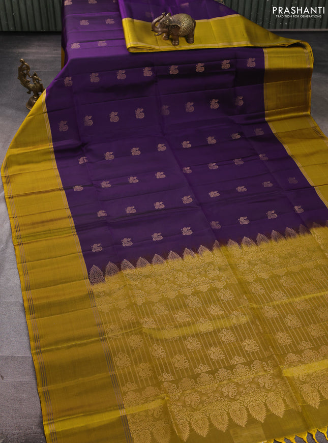 Pure soft silk saree violet and mustard green with allover annam zari woven buttas and rettapet zari woven border