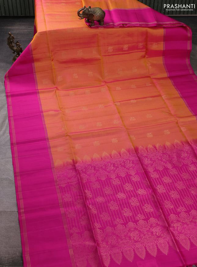 Pure soft silk saree dual shade of yellowish pink and pink with allover annam zari woven buttas and rettapet zari woven border