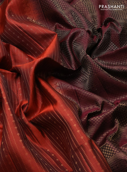 Pure soft silk saree rustic orange and deep maroon with allover zari weaves  and rettapet zari woven border