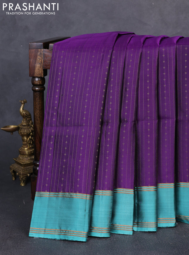 Pure soft silk saree violet and teal green with allover zari weaves  and rettapet zari woven border