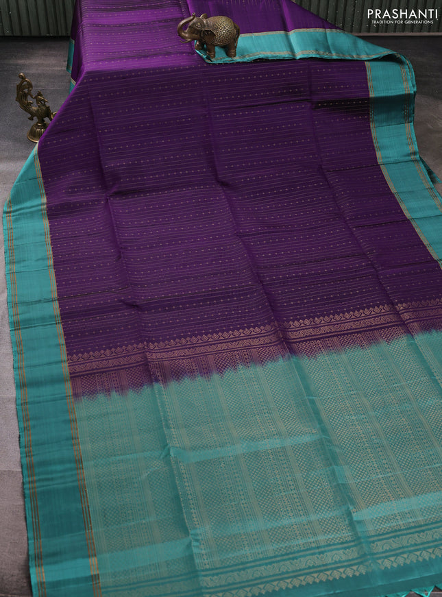 Pure soft silk saree violet and teal green with allover zari weaves  and rettapet zari woven border
