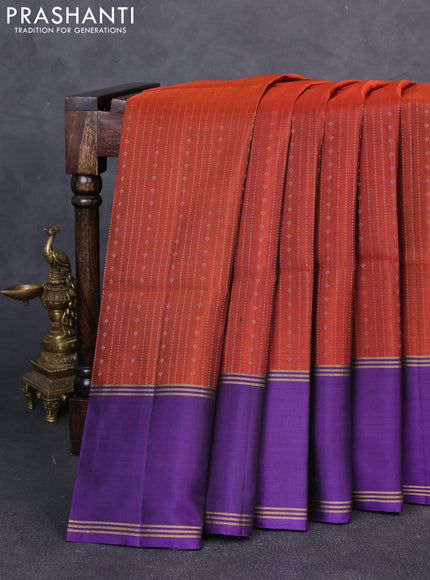 Pure soft silk saree rustic orange and violet with allover zari weaves  and rettapet zari woven border
