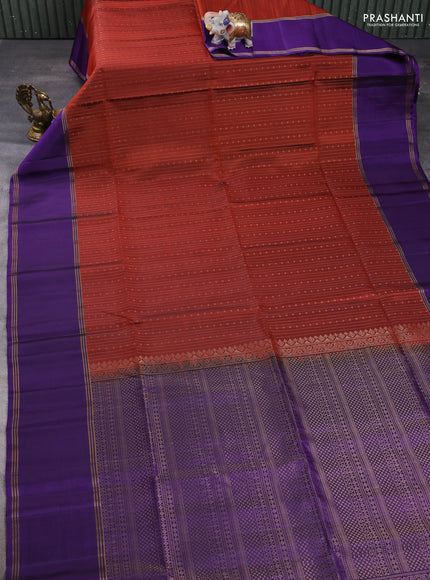 Pure soft silk saree rustic orange and violet with allover zari weaves  and rettapet zari woven border