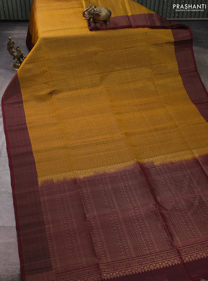 Pure soft silk saree dark mustard and deep maroon with allover zari weaves  and rettapet zari woven border