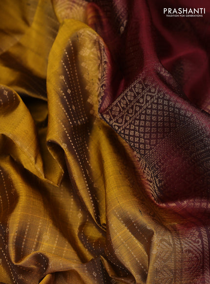 Pure soft silk saree dark mustard and deep maroon with allover zari weaves  and rettapet zari woven border