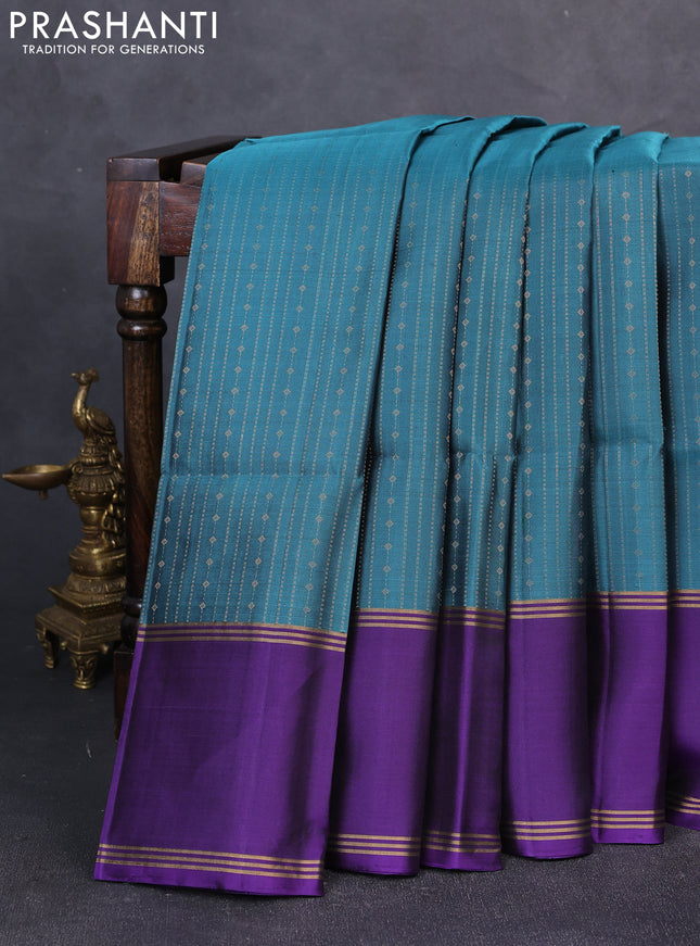 Pure soft silk saree peacock green and violet with allover zari weaves  and rettapet zari woven border