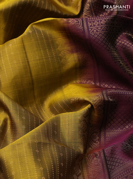 Pure soft silk saree mustard green and deep wine shade with allover zari weaves and zari woven border