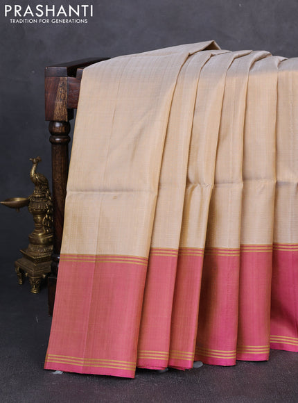 Pure soft silk saree beige and pink with allover zari weaves and rettapet zari woven border