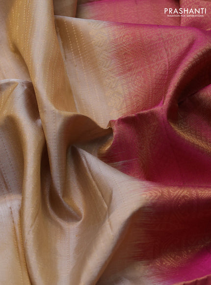 Pure soft silk saree beige and pink with allover zari weaves and rettapet zari woven border