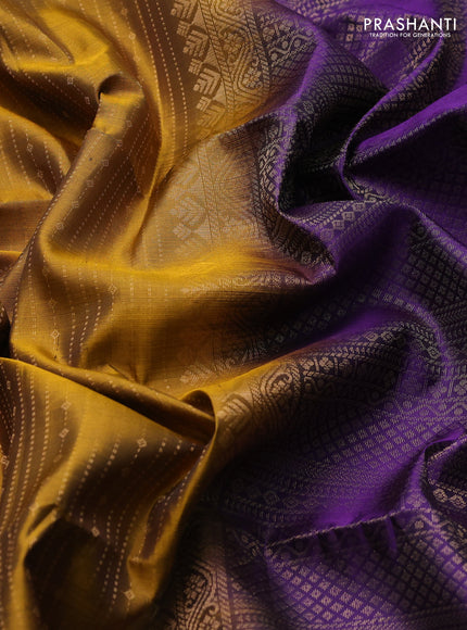 Pure soft silk saree dark mustard and violet with allover zari weaves and long rettapet zari woven border