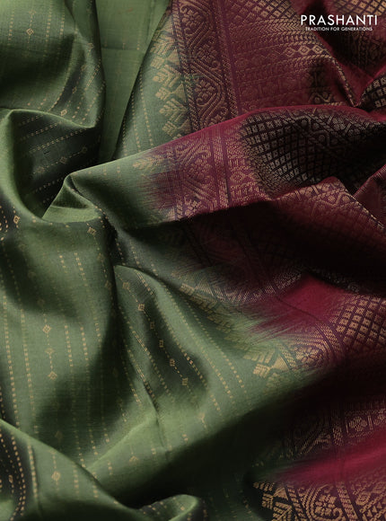 Pure soft silk saree olive green and deep maroon with allover zari weaves and long rettapet zari woven border
