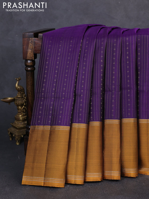 Pure soft silk saree violet and dark mustard with allover zari weaves and long rettapet zari woven border