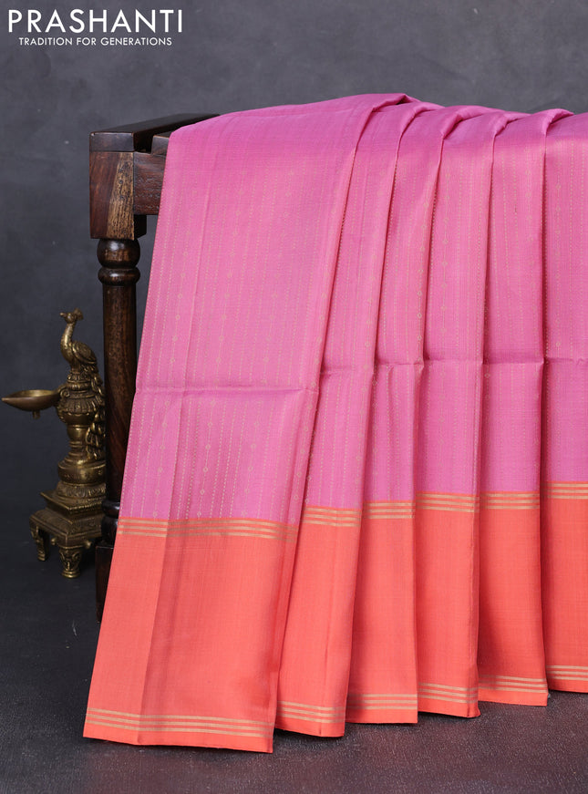 Pure soft silk saree peach pink and orange with allover zari weaves and long rettapet zari woven border