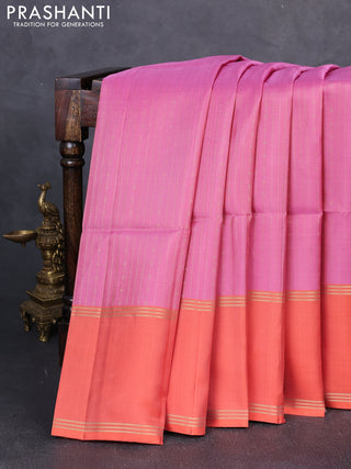 Pure soft silk saree peach pink and orange with allover zari weaves and long rettapet zari woven border