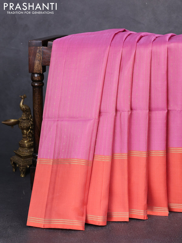 Pure soft silk saree peach pink and orange with allover zari weaves and long rettapet zari woven border