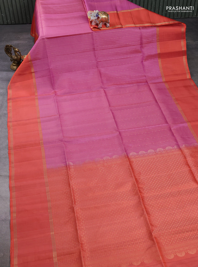 Pure soft silk saree peach pink and orange with allover zari weaves and long rettapet zari woven border