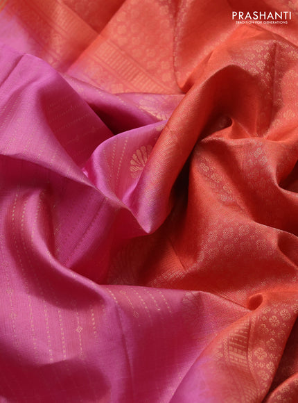 Pure soft silk saree peach pink and orange with allover zari weaves and long rettapet zari woven border