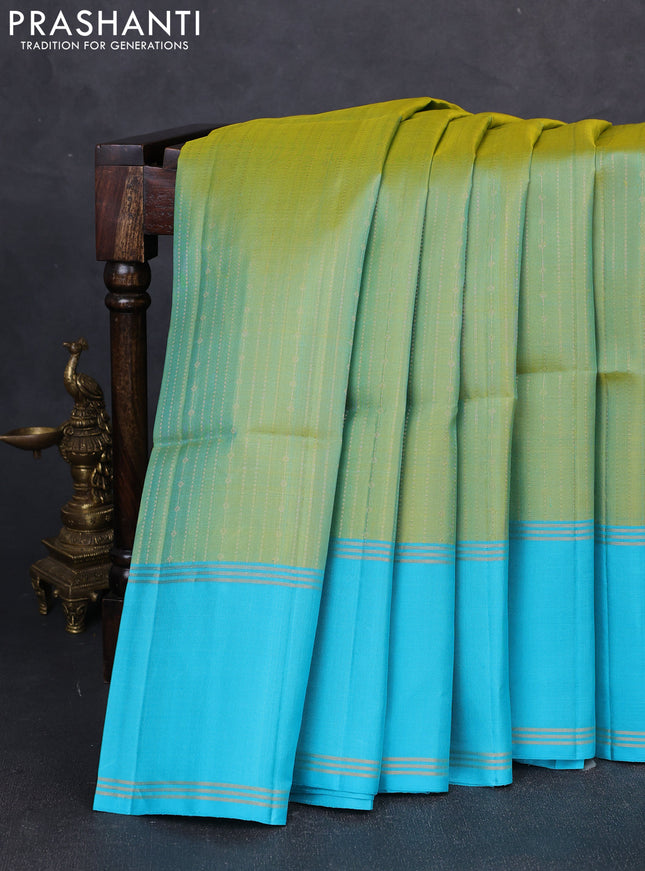 Pure soft silk saree teal green and teal blue with allover zari weaves and long rettapet zari woven border