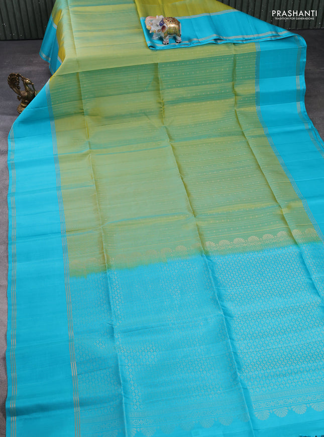 Pure soft silk saree teal green and teal blue with allover zari weaves and long rettapet zari woven border