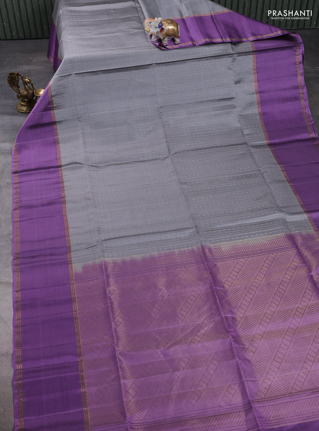 Pure soft silk saree grey and lavender with allover zari weaves and long rettapet zari woven border