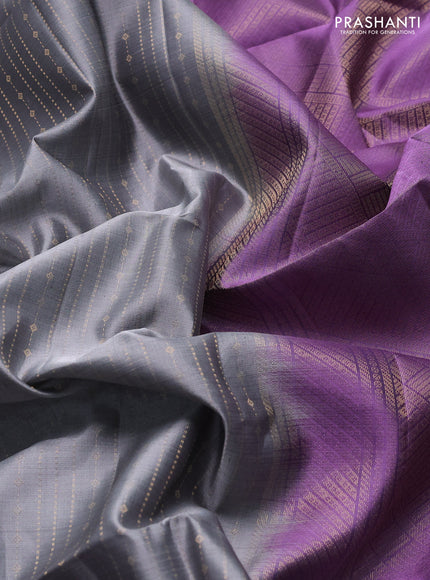 Pure soft silk saree grey and lavender with allover zari weaves and long rettapet zari woven border