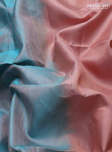 Pure soft silk saree teal blue and peach shade with allover zari weaves and long rettapet zari woven border