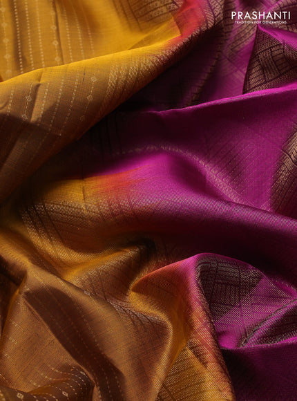 Pure soft silk saree dark mustard and magenta pink with allover zari weaves and long rettapet zari woven border