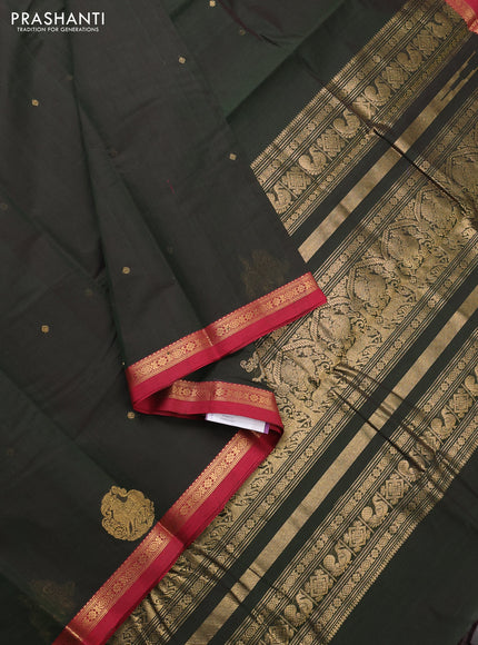 Kanchi cotton saree olive green and maroon with zari woven buttas and small zari woven border
