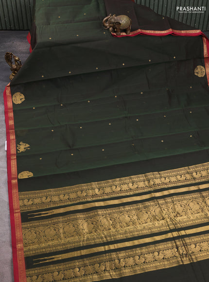 Kanchi cotton saree olive green and maroon with zari woven buttas and small zari woven border