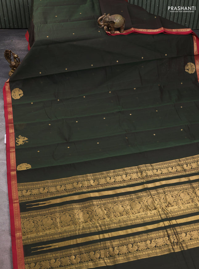 Kanchi cotton saree olive green and maroon with zari woven buttas and small zari woven border