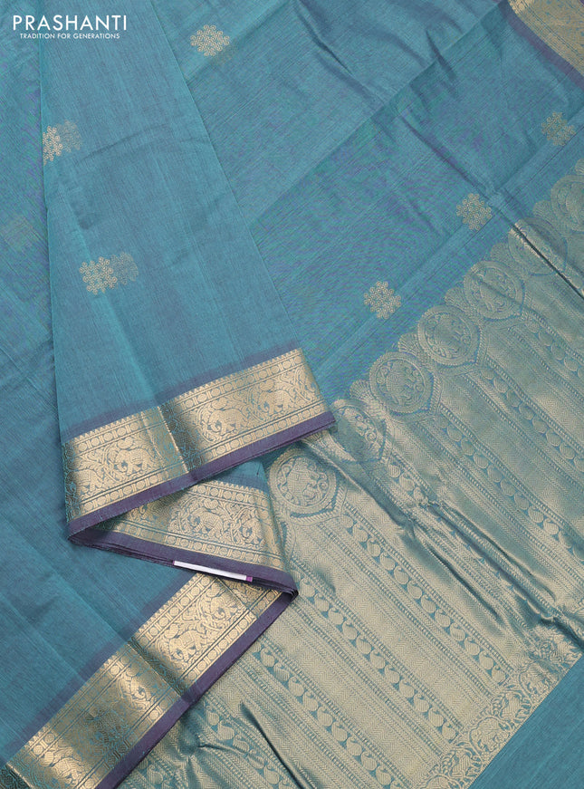 Kanchi cotton saree greyish blue with zari woven buttas and zari woven border