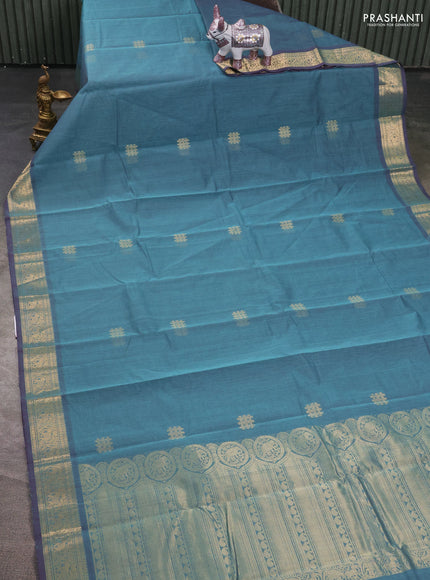 Kanchi cotton saree greyish blue with zari woven buttas and zari woven border