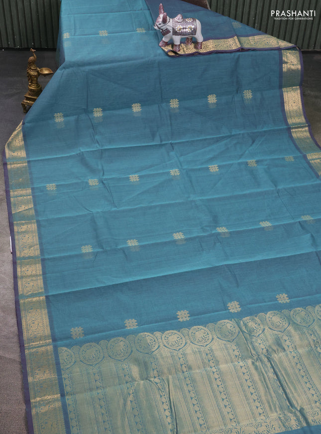Kanchi cotton saree greyish blue with zari woven buttas and zari woven border