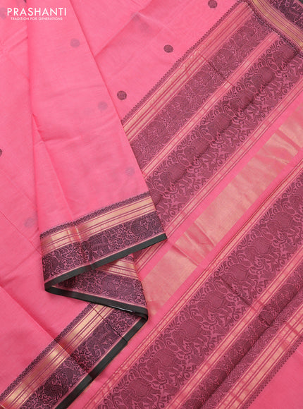 Kanchi cotton saree peach pink and green with thread woven buttas and thread & zari woven border