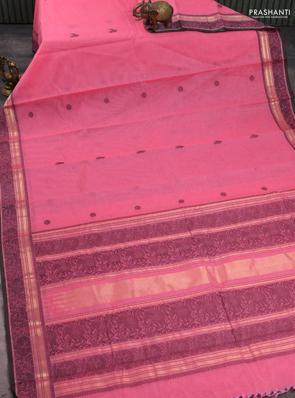 Kanchi cotton saree peach pink and green with thread woven buttas and thread & zari woven border