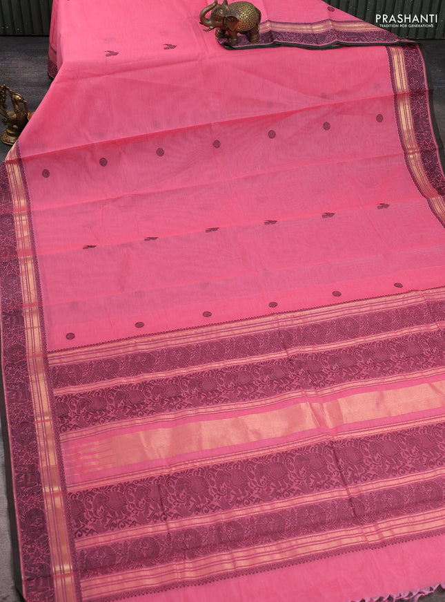 Kanchi cotton saree peach pink and green with thread woven buttas and thread & zari woven border